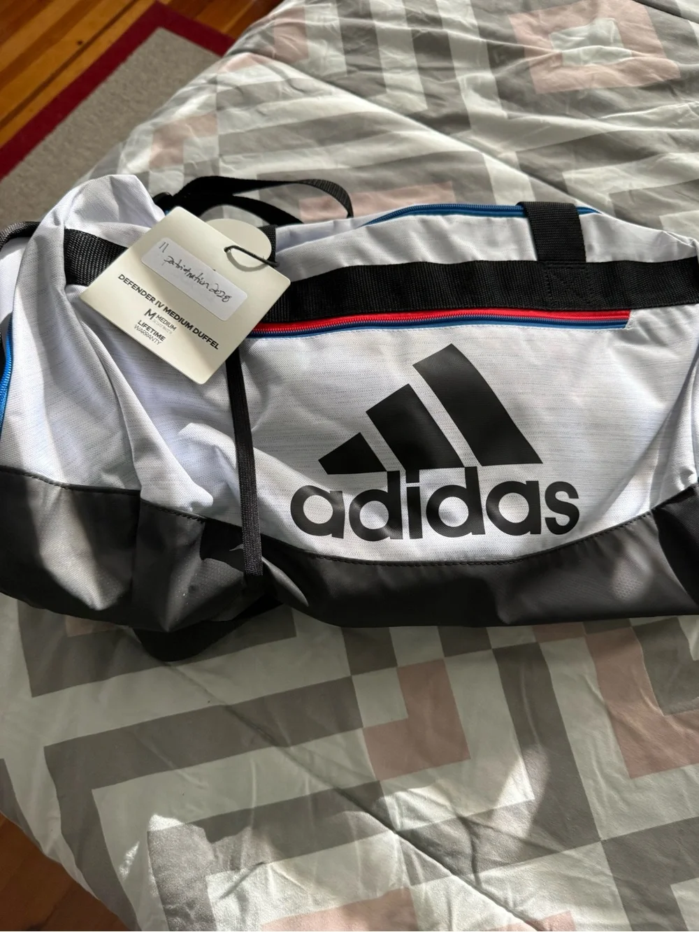 Adidas White and Black Duffel Bag with Blue Accent